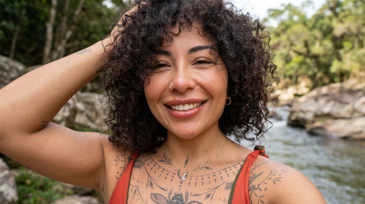 Denisse Millán, Sirena Cósmica, sonriendo junto a un río